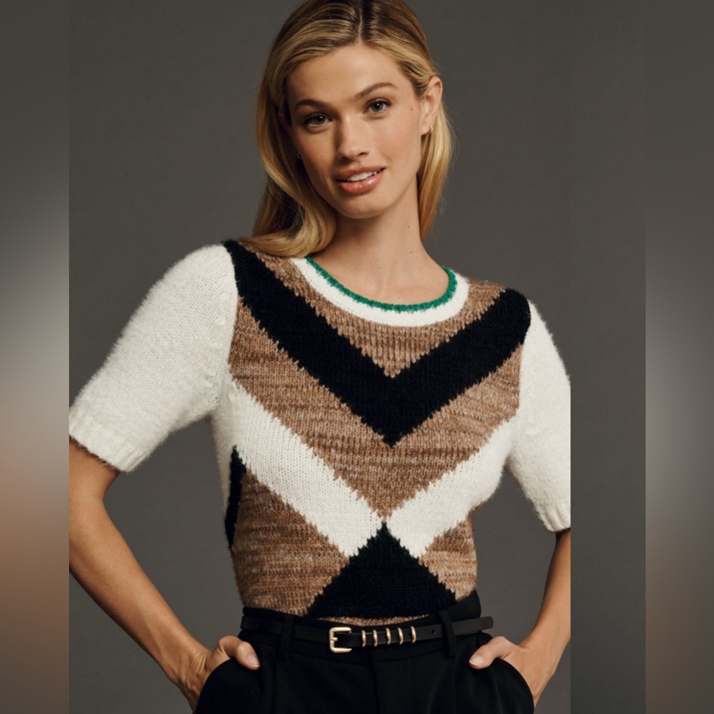 Anthropology Women's Geometric Short-Sleeve Sweater - Cream, Brown & Black